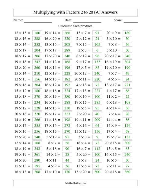 The Horizontally Arranged Multiplying with Factors 2 to 20 (100 Questions) (All) Math Worksheet Page 2