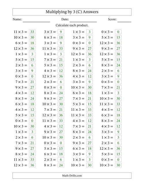 The Horizontally Arranged Multiplying (0 to 12) by 3 (100 Questions) (C) Math Worksheet Page 2