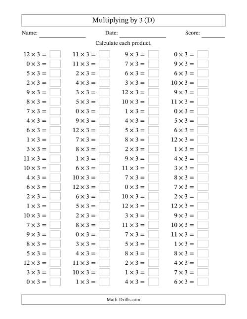 The Horizontally Arranged Multiplying (0 to 12) by 3 (100 Questions) (D) Math Worksheet