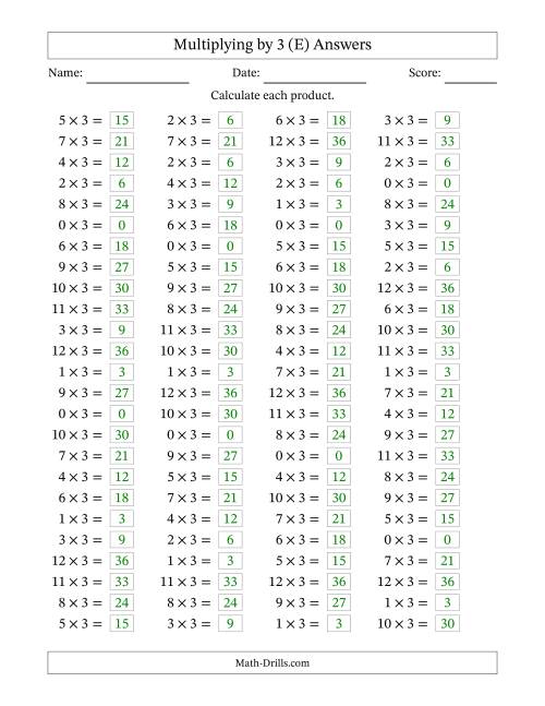 The Horizontally Arranged Multiplying (0 to 12) by 3 (100 Questions) (E) Math Worksheet Page 2