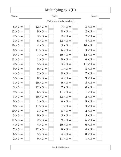 The Horizontally Arranged Multiplying (0 to 12) by 3 (100 Questions) (H) Math Worksheet