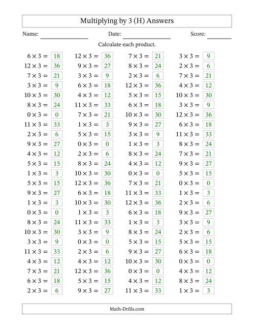 The Horizontally Arranged Multiplying (0 to 12) by 3 (100 Questions) (H) Math Worksheet Page 2
