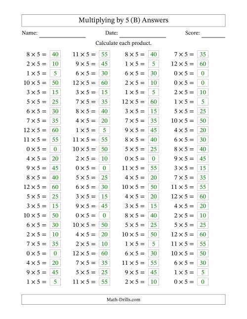 The Horizontally Arranged Multiplying (0 to 12) by 5 (100 Questions) (B) Math Worksheet Page 2