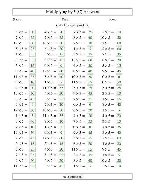 The Horizontally Arranged Multiplying (0 to 12) by 5 (100 Questions) (C) Math Worksheet Page 2