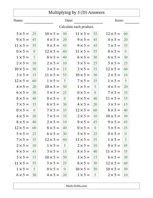 The Horizontally Arranged Multiplying (0 to 12) by 5 (100 Questions) (D) Math Worksheet Page 2