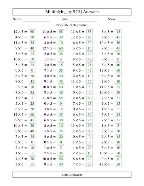 The Horizontally Arranged Multiplying (0 to 12) by 5 (100 Questions) (H) Math Worksheet Page 2