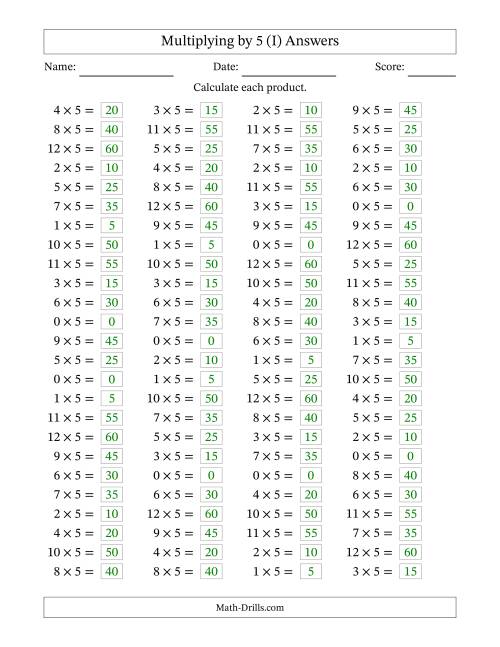 The Horizontally Arranged Multiplying (0 to 12) by 5 (100 Questions) (I) Math Worksheet Page 2