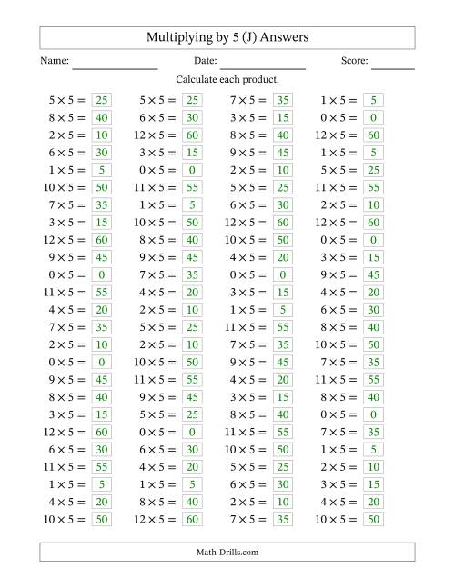 The Horizontally Arranged Multiplying (0 to 12) by 5 (100 Questions) (J) Math Worksheet Page 2