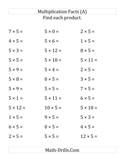 The Multiplying 0 to 12 by 5 (Large Print) Math Worksheet