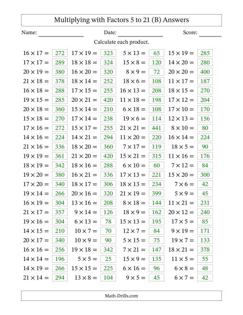 The Horizontally Arranged Multiplying with Factors 5 to 21 (100 Questions) (B) Math Worksheet Page 2