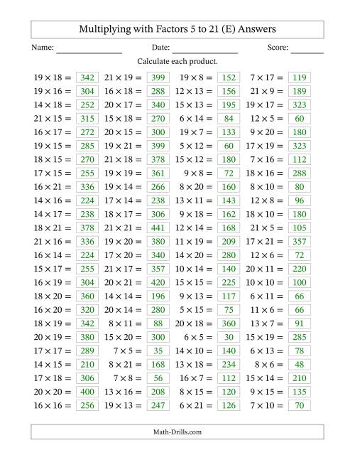 The Horizontally Arranged Multiplying with Factors 5 to 21 (100 Questions) (E) Math Worksheet Page 2