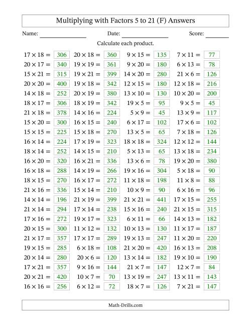 The Horizontally Arranged Multiplying with Factors 5 to 21 (100 Questions) (F) Math Worksheet Page 2