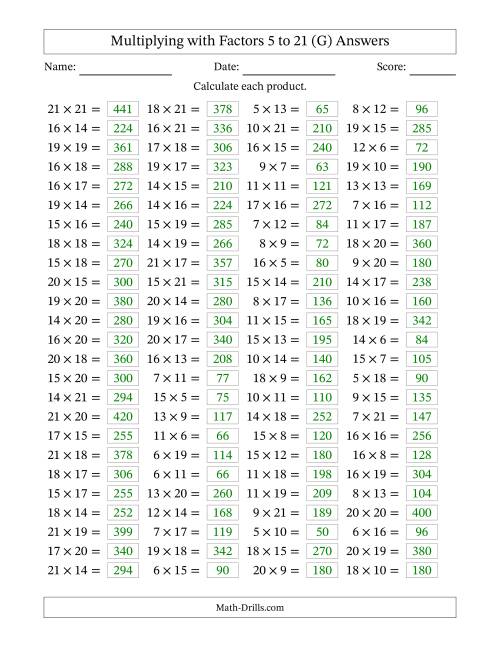The Horizontally Arranged Multiplying with Factors 5 to 21 (100 Questions) (G) Math Worksheet Page 2