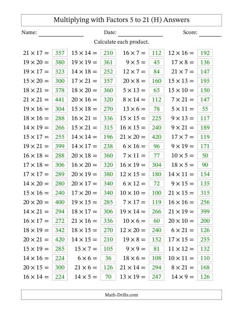 The Horizontally Arranged Multiplying with Factors 5 to 21 (100 Questions) (H) Math Worksheet Page 2