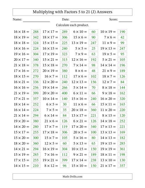 The Horizontally Arranged Multiplying with Factors 5 to 21 (100 Questions) (J) Math Worksheet Page 2