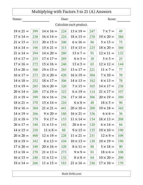 The Horizontally Arranged Multiplying with Factors 5 to 21 (100 Questions) (All) Math Worksheet Page 2