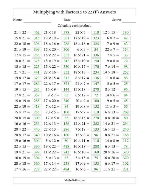 The Horizontally Arranged Multiplying with Factors 5 to 22 (100 Questions) (F) Math Worksheet Page 2