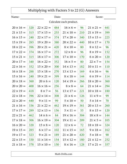The Horizontally Arranged Multiplying with Factors 5 to 22 (100 Questions) (G) Math Worksheet Page 2