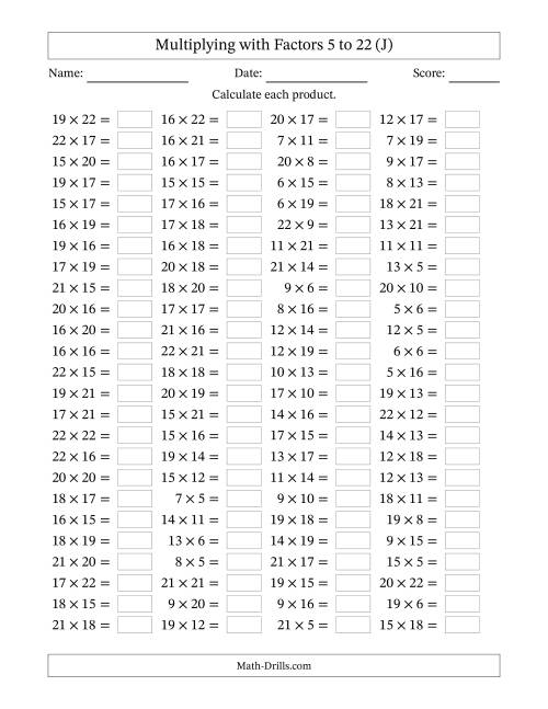 The Horizontally Arranged Multiplying with Factors 5 to 22 (100 Questions) (J) Math Worksheet