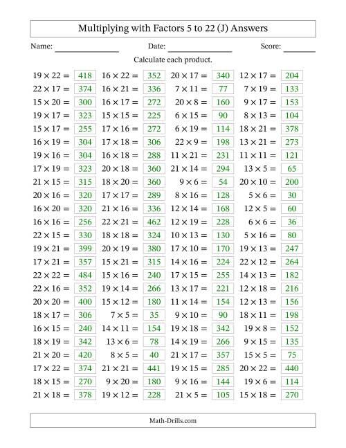The Horizontally Arranged Multiplying with Factors 5 to 22 (100 Questions) (J) Math Worksheet Page 2