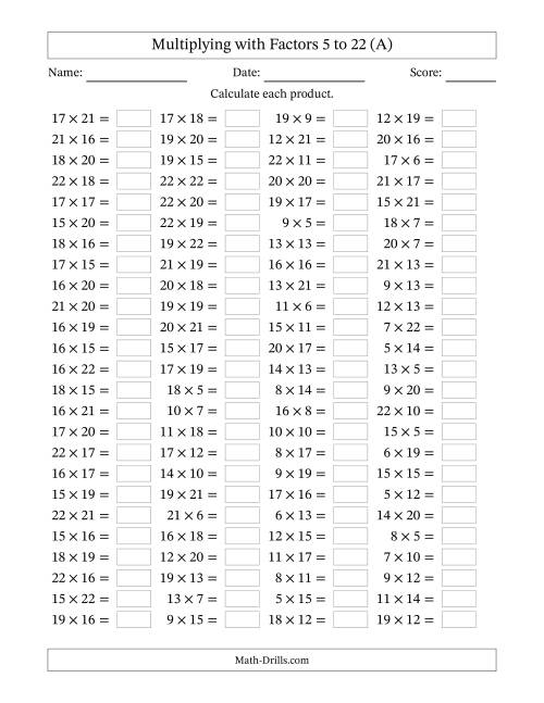 The Horizontally Arranged Multiplying with Factors 5 to 22 (100 Questions) (All) Math Worksheet