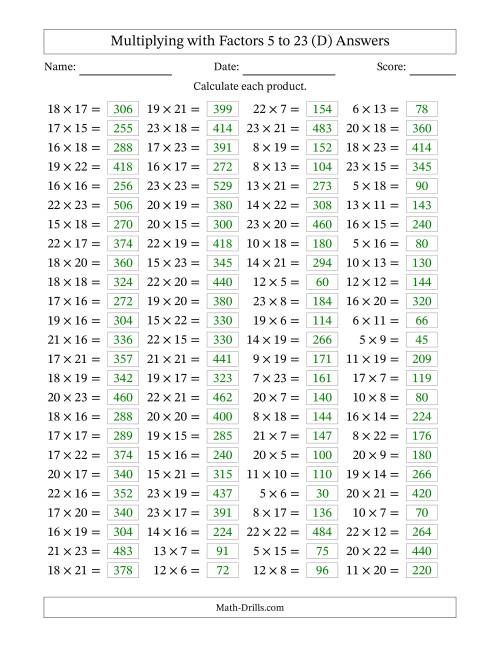 The Horizontally Arranged Multiplying with Factors 5 to 23 (100 Questions) (D) Math Worksheet Page 2