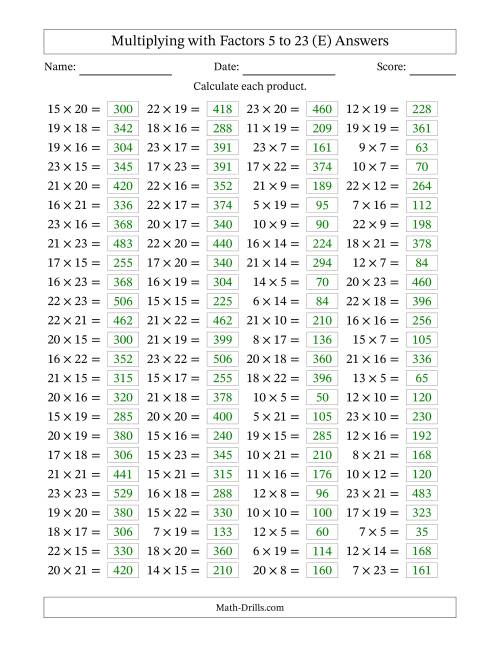 The Horizontally Arranged Multiplying with Factors 5 to 23 (100 Questions) (E) Math Worksheet Page 2
