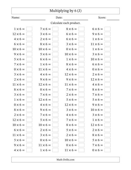 The Horizontally Arranged Multiplying (0 to 12) by 6 (100 Questions) (J) Math Worksheet