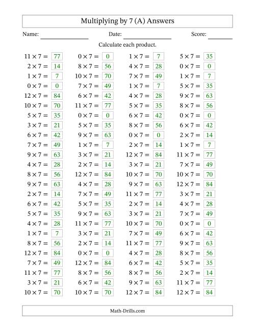 The Horizontally Arranged Multiplying (0 to 12) by 7 (100 Questions) (A) Math Worksheet Page 2
