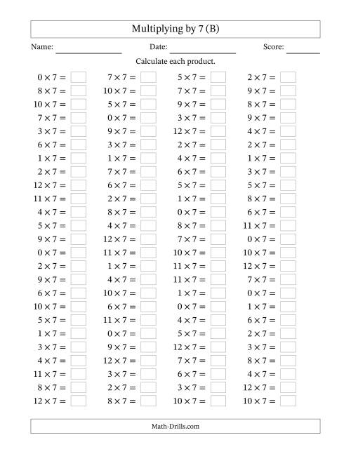 The Horizontally Arranged Multiplying (0 to 12) by 7 (100 Questions) (B) Math Worksheet