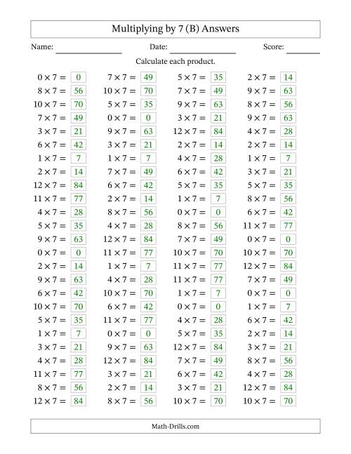 The Horizontally Arranged Multiplying (0 to 12) by 7 (100 Questions) (B) Math Worksheet Page 2