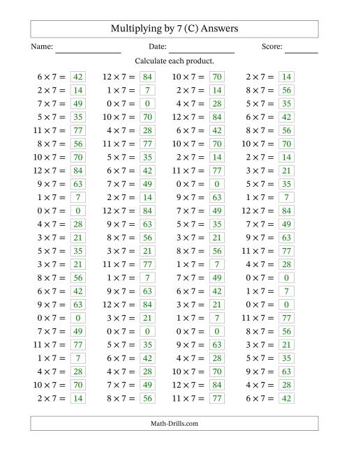 The Horizontally Arranged Multiplying (0 to 12) by 7 (100 Questions) (C) Math Worksheet Page 2