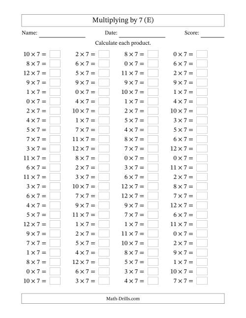 The Horizontally Arranged Multiplying (0 to 12) by 7 (100 Questions) (E) Math Worksheet