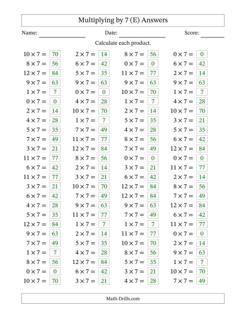 The Horizontally Arranged Multiplying (0 to 12) by 7 (100 Questions) (E) Math Worksheet Page 2
