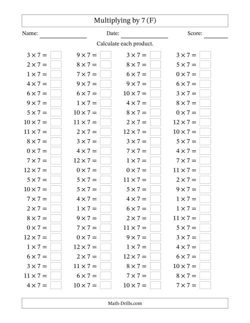 The Horizontally Arranged Multiplying (0 to 12) by 7 (100 Questions) (F) Math Worksheet