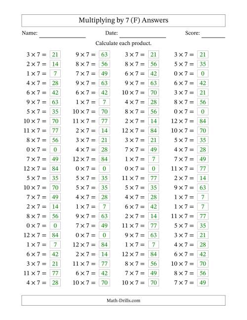 The Horizontally Arranged Multiplying (0 to 12) by 7 (100 Questions) (F) Math Worksheet Page 2