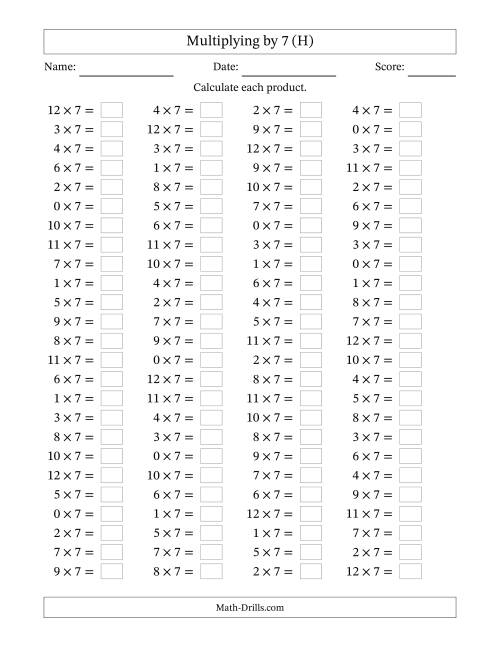 The Horizontally Arranged Multiplying (0 to 12) by 7 (100 Questions) (H) Math Worksheet