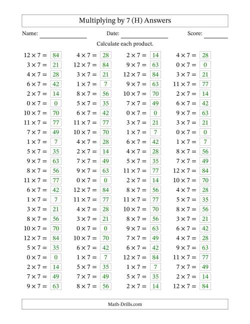 The Horizontally Arranged Multiplying (0 to 12) by 7 (100 Questions) (H) Math Worksheet Page 2