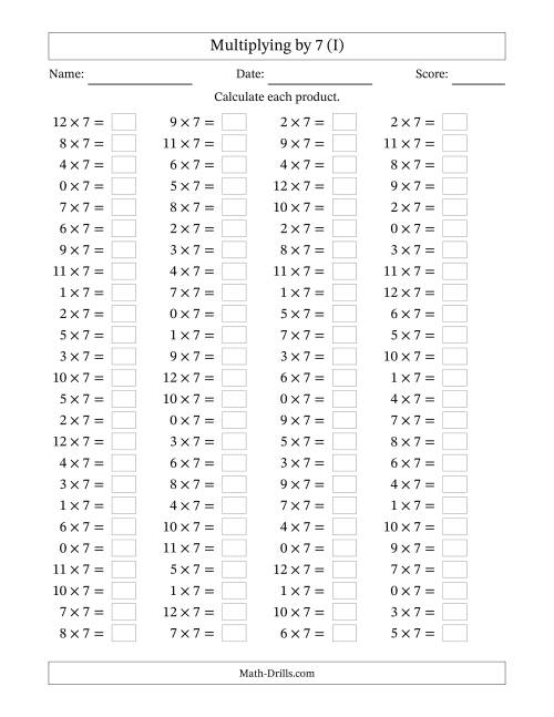 The Horizontally Arranged Multiplying (0 to 12) by 7 (100 Questions) (I) Math Worksheet