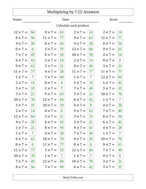 The Horizontally Arranged Multiplying (0 to 12) by 7 (100 Questions) (I) Math Worksheet Page 2