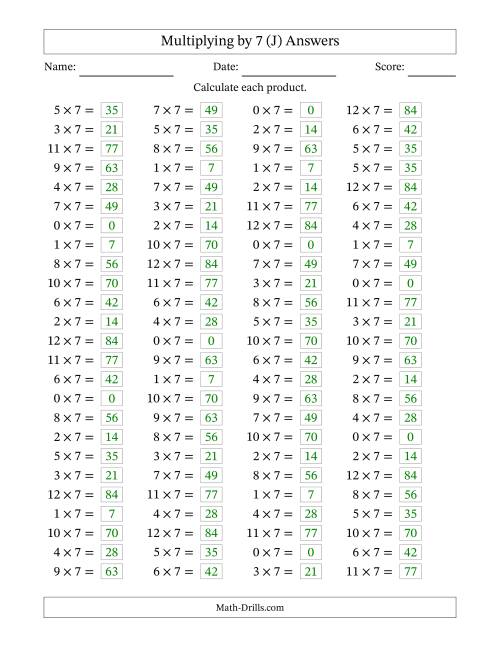 The Horizontally Arranged Multiplying (0 to 12) by 7 (100 Questions) (J) Math Worksheet Page 2