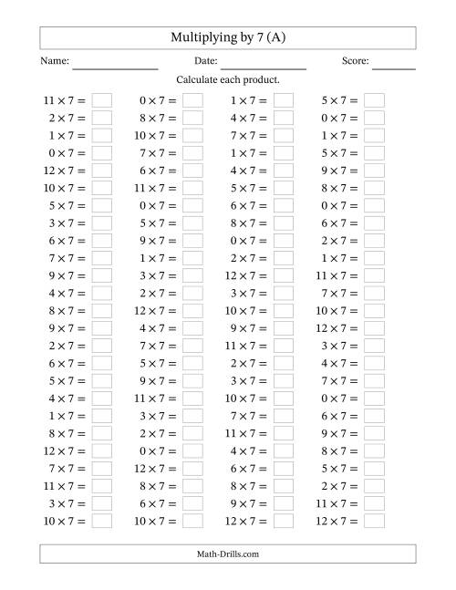 The Horizontally Arranged Multiplying (0 to 12) by 7 (100 Questions) (All) Math Worksheet