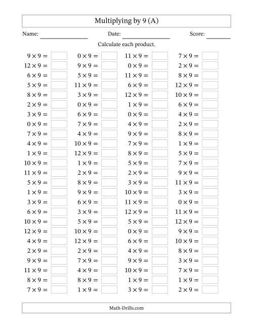 The Multiplying 0 to 12 by 9 (A) Math Worksheet