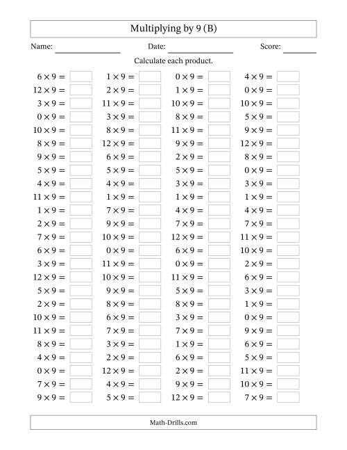 The Horizontally Arranged Multiplying (0 to 12) by 9 (100 Questions) (B) Math Worksheet