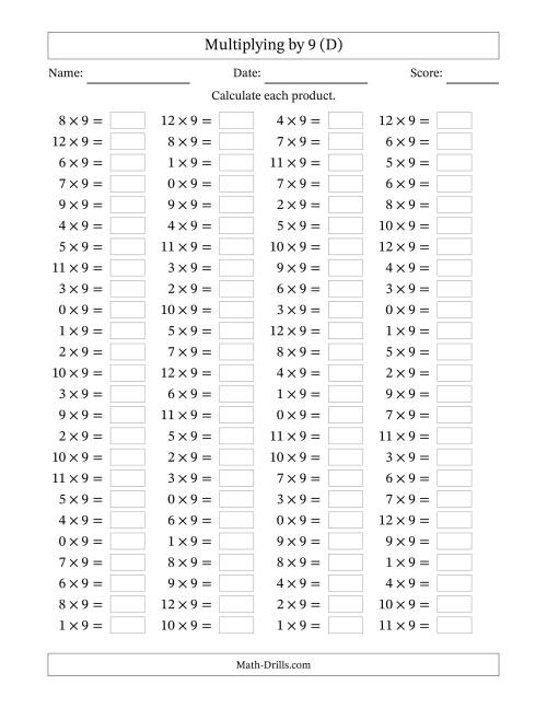 The Horizontally Arranged Multiplying (0 to 12) by 9 (100 Questions) (D) Math Worksheet