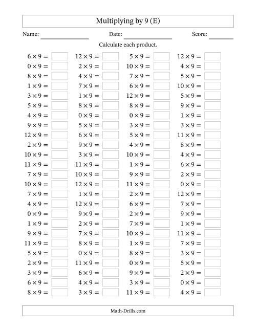 The Horizontally Arranged Multiplying (0 to 12) by 9 (100 Questions) (E) Math Worksheet