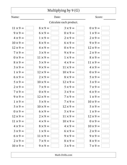 The Horizontally Arranged Multiplying (0 to 12) by 9 (100 Questions) (G) Math Worksheet