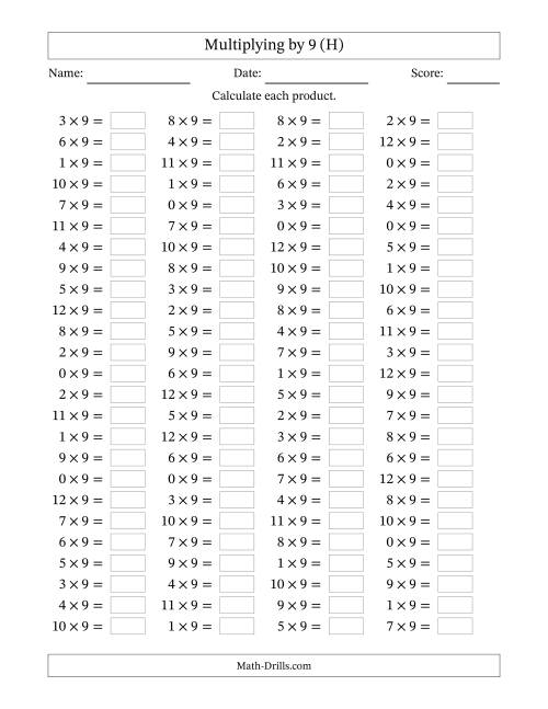 The Horizontally Arranged Multiplying (0 to 12) by 9 (100 Questions) (H) Math Worksheet