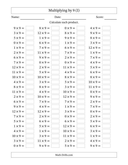 The Horizontally Arranged Multiplying (0 to 12) by 9 (100 Questions) (I) Math Worksheet