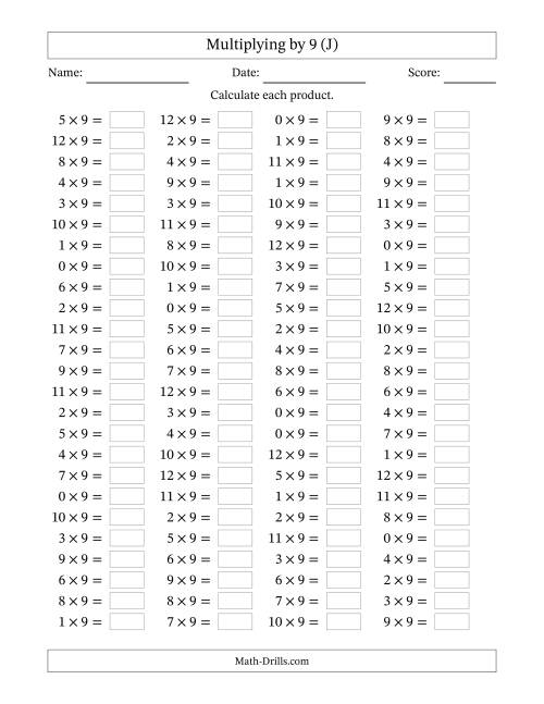 The Horizontally Arranged Multiplying (0 to 12) by 9 (100 Questions) (J) Math Worksheet